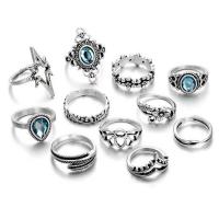 Zinc Alloy Ring Set, antique silver color plated, 11 pieces & for woman & with rhinestone, 1.8cm,1.5cm,1.6cm,1.7cm 