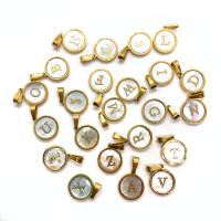Brass Shell Pendants, White Shell, with Brass, Round, plated, DIY & with letter pattern, mixed colors 