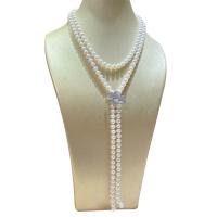 Пресноводные перлы ожерелье цепи свитера, Пресноводные жемчуги, с Латунь, латунь пряжка, плакирован серебром, Женский, белый, 7-7.5mm, длина:Приблизительно 39.37 дюймовый, продается PC