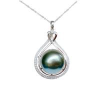 Akoya Cultured Pearls Necklace, with 18K White Gold, Teardrop, platinum color plated, micro pave cubic zirconia & for woman, malachite green, 14.8mm Approx 15.75 Inch 