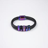 Leatheroid Cord Bracelets, Synthetic Leather, with Stainless Steel, colorful plated & Unisex, black 