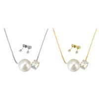Natural Freshwater Pearl Jewelry Sets, Stainless Steel, Stud Earring & necklace, with Plastic Pearl & Brass, stainless steel post pin, plated, for woman & with rhinestone Approx 17 Inch 