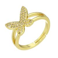 Brass Open Finger Ring, Butterfly, gold color plated, Adjustable & micro pave cubic zirconia, US Ring 