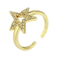 Brass Cuff Finger Ring, Star, gold color plated, Adjustable & micro pave cubic zirconia & hollow, US Ring 