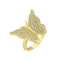Brass Open Finger Ring, Butterfly, gold color plated, Adjustable & micro pave cubic zirconia, US Ring 