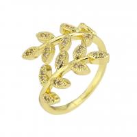 Brass Open Finger Ring, Leaf, gold color plated, Adjustable & micro pave cubic zirconia 