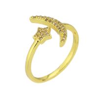 Brass Cuff Finger Ring, Moon and Star, gold color plated, Adjustable & micro pave cubic zirconia, US Ring 