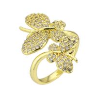 Brass Cuff Finger Ring, Butterfly, gold color plated, Adjustable & micro pave cubic zirconia, US Ring 