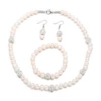Natural Freshwater Pearl Jewelry Sets, bracelet & earring & necklace, with Rhinestone Clay Pave, zinc alloy lobster clasp, zinc alloy earring hook, silver color plated, three pieces & fashion jewelry, 8-9mm,43cm,18cm 