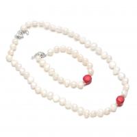 Natural Freshwater Pearl Jewelry Sets, bracelet & necklace, with Natural Coral & Zinc Alloy, with 1.97 extender chain, plated, 2 pieces & fashion jewelry, 9-10mm,12mm,18+5cm,43+5cm 