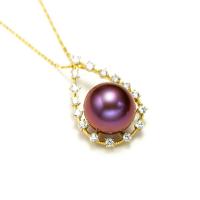 Sterling Silver Pearl Necklace, Freshwater Pearl, with 925 Sterling Silver & Cubic Zirconia, Teardrop, gold color plated, for woman, purple, 12-13mm Approx 15.75 Inch 