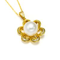 Sterling Silver Pearl Necklace, Freshwater Pearl, with 925 Sterling Silver & Cubic Zirconia, Flower, gold color plated, for woman, white, 11-12mm Approx 15.75 Inch 
