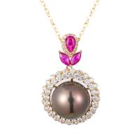 Tahitian Pearls Necklace, with 925 Sterling Silver & Cubic Zirconia, Round, gold color plated, for woman, black, 11-12mm Approx 15.75 Inch 
