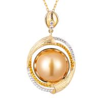 Natural Akoya Cultured Pearl Necklace, Akoya Cultured Pearls, with 925 Sterling Silver, micro pave cubic zirconia & for woman, golden, 11-12mm Approx 15.75 Inch 