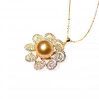 Collier de perles naturel, perles Akoya cultivées, avec Argent sterling 925, fleur, pavé de micro zircon & pour femme, doré, 11-12mm Environ 15.75 pouce, Vendu par PC
