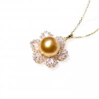 Выращенное жемчужное  ожерелье  Akoya, Акойя культивированные жем, с 925 пробы, Форма цветка, инкрустированное микро кубического циркония & Женский, Золотой, 11-12mm, длина:Приблизительно 15.75 дюймовый, продается PC