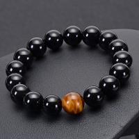 Black Agate Bracelets, with Tiger Eye, Round, handmade, Unisex Approx 6.6-8.2 Inch 