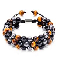 Bracelets de Woven Ball pierres précieuses, agate noire, avec oeil de tigre & Hématite, fait à la main, multicouche & unisexe, 8mm Environ 7.5-11.8 pouce, Vendu par PC