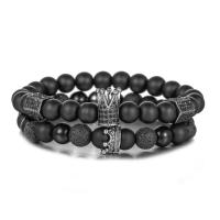 Gemstone Bracelets, Lava, with Black Agate, Crown, Unisex & micro pave cubic zirconia, 8mm, 14mm Approx 7.3-7.6 Inch 