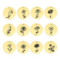 Stainless Steel Pendants, Round, gold color plated & with flower pattern & enamel, golden, 15mm 
