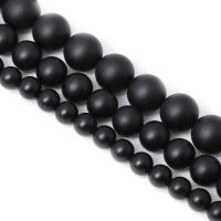Schwarzer Stein Perle, rund, poliert, verschiedene Größen vorhanden & satiniert, schwarz, Länge:ca. 15 ZollInch, verkauft von Strang