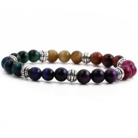 Tiger Eye Stone Bracelets, with Brass, silver color plated, elastic & Unisex, mixed colors, 180-200mm 