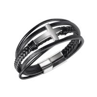 Leatheroid Cord Bracelets, Stainless Steel, with Synthetic Leather, multilayer & for man, black, 10mm Approx 8.46 Inch 