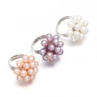 Cultured Freshwater Pearl Finger Ring, with Stainless Steel, platinum color plated, for woman 6-7mm, Inner Approx 25mm 