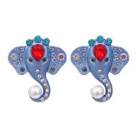 Zinc Alloy Rhinestone Stud Earring, with Plastic Pearl, Elephant, gold color plated, enamel & with rhinestone, golden 
