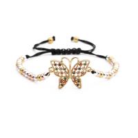 Cubic Zirconia Micro Pave Brass Bracelet, with Nylon Cord, Butterfly, plated, adjustable & micro pave cubic zirconia, mixed colors, 170-220mm 