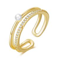 Brass Cuff Finger Ring, with Plastic Pearl, gold color plated, micro pave cubic zirconia & for woman, 5mm 
