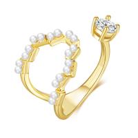 Brass Cuff Finger Ring, with Plastic Pearl, gold color plated, micro pave cubic zirconia & for woman, 15mm 