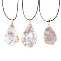 Agate Necklace, Ice Quartz Agate, with leather cord & Brass, Teardrop, gold color plated, Unisex, white, 30-40mmx20-30mm Approx 17.72 Inch 