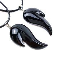 Black Agate Necklace, with leather cord, Wing Shape, Unisex, black Approx 17.72 Inch 