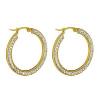 Stainless Steel Hoop Earring, gold color plated, for woman & with rhinestone, 32*36mm 