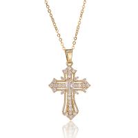 Cubic Zircon Micro Pave Brass Necklace, with 1.96inch extender chain, Cross, gold color plated, oval chain & micro pave cubic zirconia & for woman Approx 15.7 Inch 
