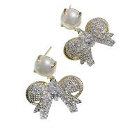 Cubic Zirconia Micro Pave Brass Earring, with Plastic Pearl, Bowknot, plated, micro pave cubic zirconia & for woman 