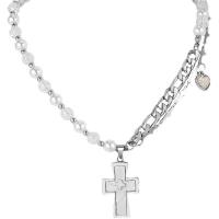 Glass Zinc Alloy Necklace, with Glass Pearl, with 2.36inch extender chain, Cross, plated, fashion jewelry & for woman Approx 15.7 Inch 