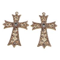 Diamantes de imitación colgante de hierro, fundición, Cruces, con diamantes de imitación, color de rosa dorada, 69mm, Vendido por UD