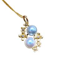 Collier de perles naturel, perles Akoya cultivées, avec zircon cubique & or 14K, fleur, pour femme, blanc, 8-9mm Environ 15.75 pouce, Vendu par PC