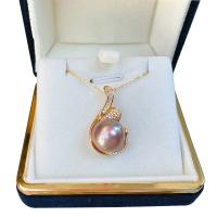 Sterling Silver Pearl Necklace, Freshwater Pearl, with 925 Sterling Silver & Cubic Zirconia, Round, gold color plated, for woman, purple, 12-13mm Approx 15.75 Inch 