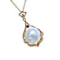 Collier de perles naturel, perles Akoya cultivées, avec zircon cubique & or 14K, Rond, pour femme, blanc, 11.9mm Environ 15.75 pouce, Vendu par PC