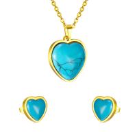 Turquoise Stainless Steel Jewelry Sets, 304 Stainless Steel, Stud Earring & necklace, with turquoise, Heart, Vacuum Ion Plating, for woman 25*23mm,12*12mm Approx 17.72 Inch 