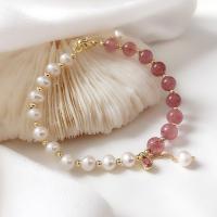 Pulseras de la perla, Perlas cultivadas de agua dulce, con Strawberry cuarzo & aleación de zinc, para mujer, color mixto, longitud:aproximado 19 cm, Vendido por UD