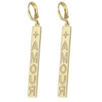 Cubic Zirconia Micro Pave Brass Earring, Rectangle, gold color plated, with letter pattern & micro pave cubic zirconia & for woman, 58mm 