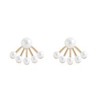 Iron Stud Earring, with Plastic Pearl, Fan, for woman, golden 