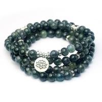 Moss Agate Buddhist Beads Bracelet, with Zinc Alloy, Round, platinum color plated, Unisex, green, 8mm,14mm, Approx 