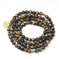 108 Mala Beads, Tiger Eye, with Zinc Alloy, Round, gold color plated, Unisex, yellow, 8mm,14mm, Approx 
