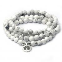 108 Mala Beads, Magnesite, with Zinc Alloy, Round, platinum color plated, Unisex, white, 8mm,14mm, Approx 
