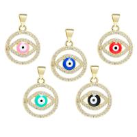 Cubic Zirconia Micro Pave Brass Pendant, Round, gold color plated, DIY & evil eye pattern & micro pave cubic zirconia & enamel 16.5mm 